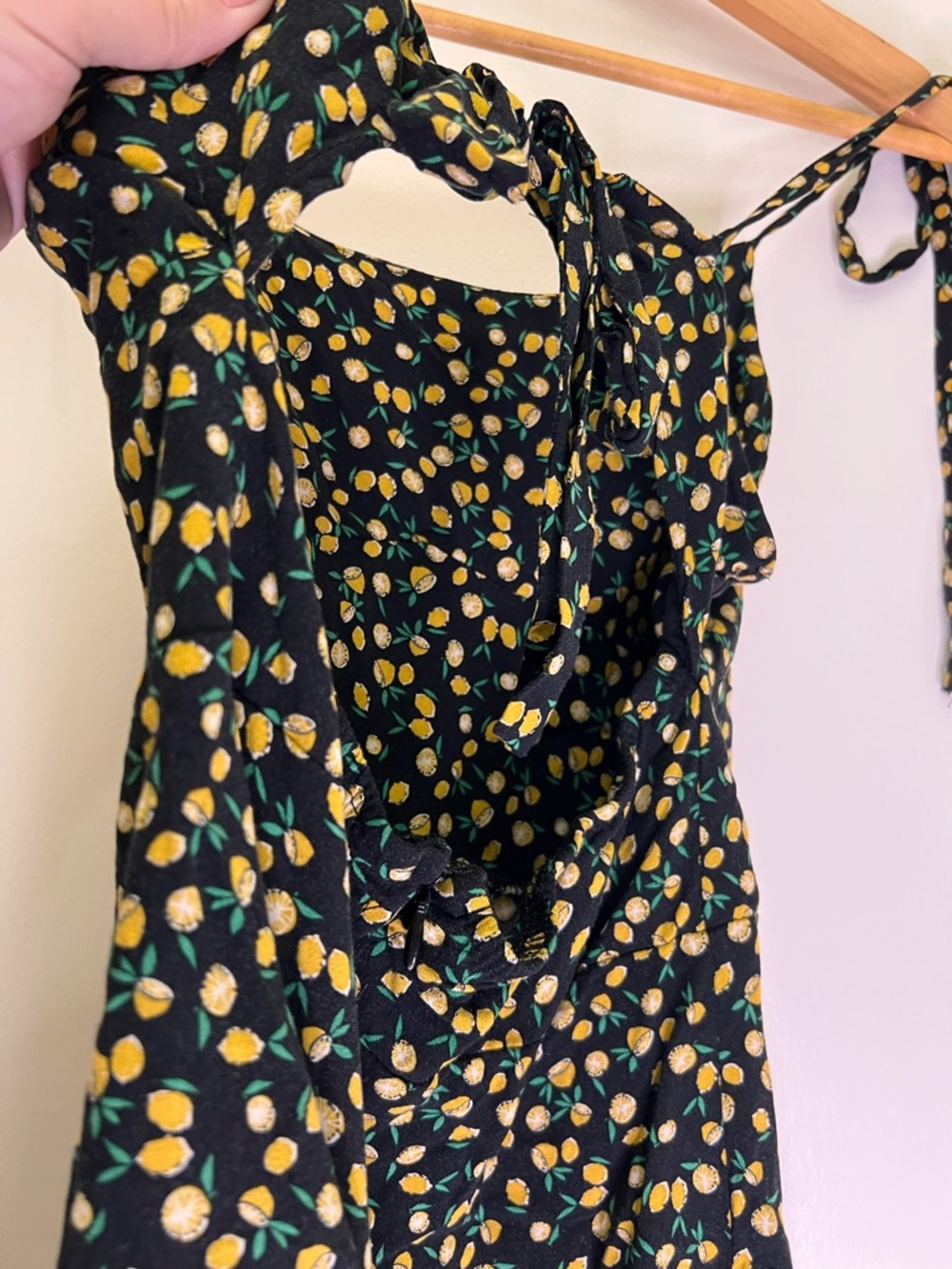 Lemon Print Tie Strap Mini Dress Small Open Back Summer Dress Cottagecore - Picture 8 of 10